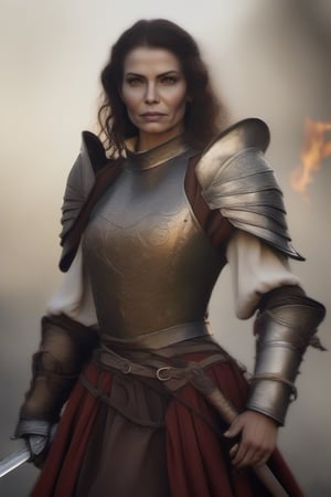 Mujer de edad madura con armadura elegante medieval con espada en la mano alzada,monster,isni,photo r3al,HellAI,fire