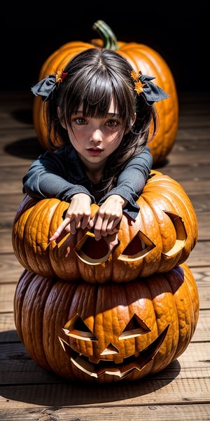 a halloween pumpkin girl, autumn, leaves, (photorealistic art),Kawaii Figurines Style