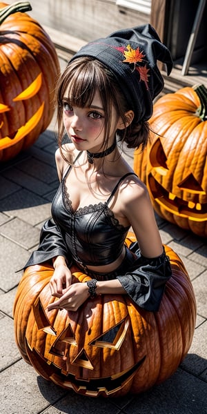 a halloween pumpkin girl, autumn, leaves, (photorealistic art),Kawaii Figurines Style