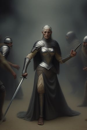 Mujer de edad madura con armadura elegante medieval con espada en la mano alzada,monster,isni,photo r3al,HellAI