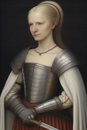 Mujer de edad madura con armadura elegante medieval con espada en la mano desenvainada, ,better_hands,HellAI