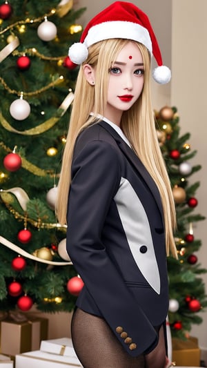 masterpiece,  best quality,  1girl,  solo,  gakuran,  christmas hat, christmas suit, long hair,  Naruto uzumaki,  long blonde hair,  spiked hair , n4rut0, facial mark,  forehead protector,  konohagakure symbol,izumi ran,transgirl