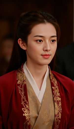 This is a high-resolution photograph of a young East Asian woman with fair skin and an oval face. She has a serene expression and is gazing directly at the camera with a slight, neutral smile. Her long, dark brown hair is styled in a traditional updo, with some loose strands framing her face. She is wearing a traditional Chinese garment, specifically a red robe with intricate gold embroidery around the sleeves and neckline. The robe is open at the front, revealing a beige undergarment with more elaborate gold embroidery that features floral and paisley patterns. The undergarment has a white collar that contrasts with the red robe. The background is blurred but appears to be a dimly lit indoor setting, possibly a historical or cultural museum. The lighting is soft, casting a warm glow that highlights her features and the rich textures of her clothing. The overall ambiance of the photograph suggests a sense of cultural significance and historical reverence. The woman's attire and her poised, dignified demeanor evoke a sense of tradition and elegance. xiaofeng.. The adam apple is clearly displayed on the neck.