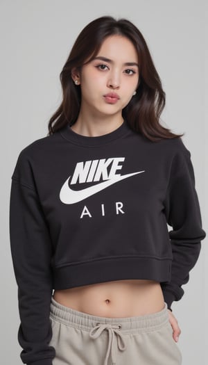 one lady wearing croptop4 Nike Air Sweatshirt: A Classic Fashion Statement. She is looking aside 90 degree