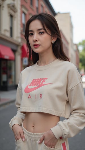 one lady wearing croptop4 Nike Air Sweatshirt: A Classic Fashion Statement. She is looking aside 90 degree