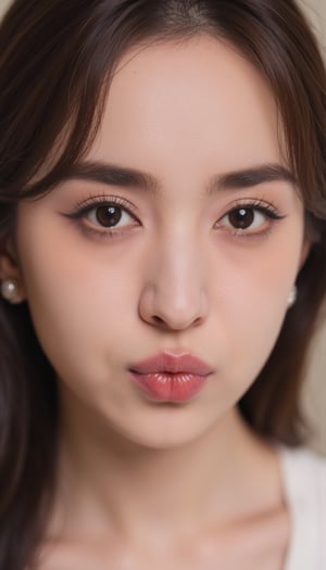 Close-up portrait of a woman with soft focus, showcasing her delicate features and subtle makeup.