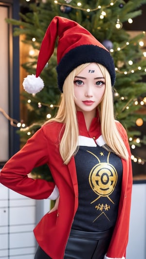 masterpiece,  best quality,  1girl,  solo,  gakuran,  christmas hat, christmas suit, long hair,  Naruto uzumaki,  long blonde hair,  spiked hair , n4rut0, facial mark,  forehead protector,  konohagakure symbol,izumi ran,transgirl