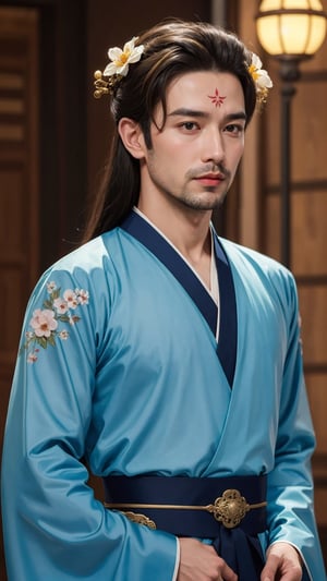 tienhiep, hanfu,
(male neck, male chest, male body, male head, male face, breasts, masculine)
1boy, solo, long hair, black hair, hair ornament, long sleeves, upper body, flower, see-through, blurry background, facial mark, chinese clothes, forehead mark, realistic, hanfu, tienhiep,mature,man,cute blond boy,Germany Male, 