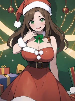 masterpiece, detailed, high quality,1girl, solo, blush,big breasts, curvy,Detailedface,,Green eyes,Brown  hair,christmas outfit,smiles,christmas trew