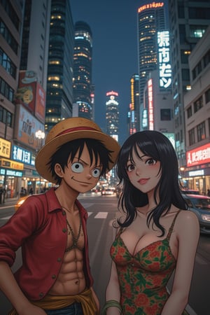 Luffy from One Piece, an animated character, and a realistic Asian woman blend together in a single image using AniReal. Luffy, with his signature straw hat, stands beside the woman, who has long black hair and a stylish dress, in the middle of a bustling metropolitan city at night. The cityscape is filled with neon lights, tall skyscrapers, and glowing street signs, with their contrasting styles harmonized through soft lighting and smooth illustration. AniReal, illustration.
