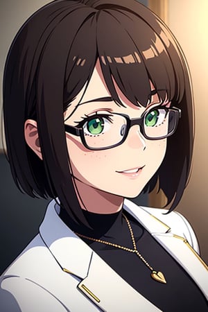 masterpiece, best quality, 3D rendering, 3DMM style, Close-up, sportrait, 3D, 1girll, smile, wearing glasses, Solo, （Brunette long hair 3.2）, choker necklace, freckles, jewelry, Look at the camera realistically, Your body top part, （White suit 1.2）Simple background and white, edged, looking away, short hair, parted lips, green eyes, gothic, necklace, making up
INFORMATION