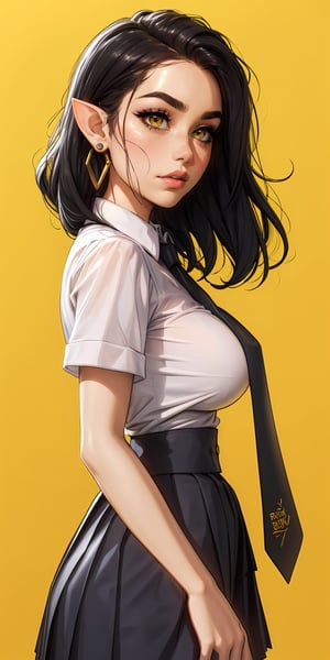 score_9, score_8_up, score_7_up, 2 female elf, 2girl, duo, seductive look, deep cleavage, yellow background, bob style hair, straight fringe, skirt, shirt, large boobs, unbuttoned , black hair, necktie, simple background, white shirt, yellow eyes, black necktie, jewelry, pleated skirt, from side, short sleeves, earrings, collared shirt, shirt tucked