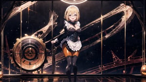 anime style portrait of a beautiful halloween glasses girl wearing (shiny-orange rubber skin tight bodysuit costume), (full body sign), (standing), (big breasts),(fusion of orange rubber bodysuit and gothic sweet maid costume:1.3), wearing a glasses:1.3, (rubber corset:1.3), (full lacy frill skirt:1.3), ((;D:1.3)), perfect face,perfect eyes,HD details,high details,sharp focus,studio photo,HD makeup,shimmery makeup,celebrity makeup,(( centered image)) (HD render)Studio portrait,magic, magical, fantasy, halloween, moon, jack-o' challenge, blonde hair, short bob hair, pixie hair, bangs, arms behid back, Mechanical part, hallowenn town, trick or treet,  magic aura background, cute,  ,maid cosplay, 
