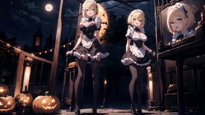 anime style portrait of a beautiful halloween glasses girl wearing (shiny-orange rubber skin tight bodysuit costume), (full body sign), (standing), (big breasts),(fusion of orange rubber bodysuit and gothic sweet maid costume:1.3), wearing a glasses:1.3, (rubber corset:1.3), (full lacy frill skirt:1.3), ((;D:1.3)), perfect face,perfect eyes,HD details,high details,sharp focus,studio photo,HD makeup,shimmery makeup,celebrity makeup,(( centered image)) (HD render)Studio portrait,magic, magical, fantasy, halloween, moon, jack-o' challenge, blonde hair, short bob hair, pixie hair, bangs, arms behid back, Mechanical part, hallowenn town, trick or treet,  magic aura background, cute,  ,maid cosplay, 