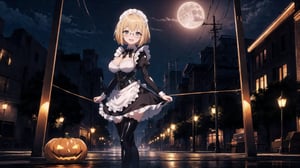 anime style portrait of a beautiful halloween glasses girl wearing (shiny-orange rubber skin tight bodysuit costume), (full body sign), (standing), (big breasts),(fusion of orange rubber bodysuit and gothic sweet maid costume:1.3), wearing a glasses:1.3, (rubber corset:1.3), (full lacy frill skirt:1.3), ((;D:1.3)), perfect face,perfect eyes,HD details,high details,sharp focus,studio photo,HD makeup,shimmery makeup,celebrity makeup,(( centered image)) (HD render)Studio portrait,magic, magical, fantasy, halloween, moon, jack-o' challenge, blonde hair, short bob hair, pixie hair, bangs, arms behid back, Mechanical part, hallowenn town, trick or treet,  magic aura background, cute,  ,maid cosplay, 