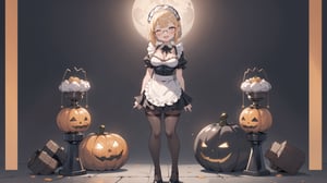 anime style portrait of a beautiful halloween glasses girl wearing (shiny-orange rubber skin tight bodysuit costume), (full body sign), (standing:1.5), (big breasts), (fusion of orange rubber bodysuit and gothic sweet maid costume:1.3), wearing a glasses:1.3, (rubber corset:1.3), (full lacy frill skirt:1.3), ((;D:1.3)), perfect face,perfect eyes,HD details,high details,sharp focus,studio photo,HD makeup,shimmery makeup,celebrity makeup,(( centered image)) (HD render)Studio portrait,magic, magical, fantasy, halloween, moon, jack-o' challenge, blonde hair, short bob hair, pixie hair, bangs, arms behid back, Mechanical part, hallowenn town, trick or treet,  magic aura background, cute, maid cosplay, 