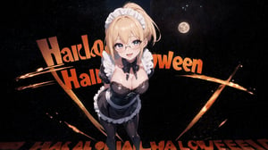 anime style portrait of a beautiful halloween glasses girl wearing (shiny-orange rubber skin tight bodysuit costume), (full body sign), (standing), (big breasts), (ponytail), (fusion of orange rubber bodysuit and gothic sweet maid costume:1.3), wearing a glasses:1.3, (rubber corset:1.3), (full lacy frill skirt:1.3), ((;D:1.3)), perfect face,perfect eyes,HD details,high details,sharp focus,studio photo,HD makeup,shimmery makeup,celebrity makeup,(( centered image)) (HD render)Studio portrait,magic, magical, fantasy, halloween, moon, jack-o' challenge, blonde hair, short bob hair, pixie hair, bangs, arms behid back, Mechanical part, hallowenn town, trick or treet,  magic aura background, cute, maid cosplay, 