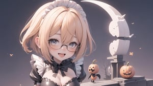 anime style portrait of a beautiful halloween glasses girl wearing (shiny-orange rubber skin tight bodysuit costume), (full body sign), (standing:1.5), (big breasts), (fusion of orange rubber bodysuit and gothic sweet maid costume:1.3), wearing a glasses:1.3, (rubber corset:1.3), (full lacy frill skirt:1.3), ((;D:1.3)), perfect face,perfect eyes,HD details,high details,sharp focus,studio photo,HD makeup,shimmery makeup,celebrity makeup,(( centered image)) (HD render)Studio portrait,magic, magical, fantasy, halloween, moon, jack-o' challenge, blonde hair, short bob hair, pixie hair, bangs, arms behid back, Mechanical part, hallowenn town, trick or treet,  magic aura background, cute, maid cosplay, 