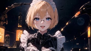 anime style portrait of a beautiful halloween glasses girl wearing (shiny-orange rubber skin tight bodysuit costume), (big breasts),(fusion of orange rubber bodysuit and gothic sweet maid costume:1.3), wearing a glasses:1.3, (rubber corset:1.3), (full lacy frill skirt:1.3), ((;D:1.3)), perfect face,perfect eyes,HD details,high details,sharp focus,studio photo,HD makeup,shimmery makeup,celebrity makeup,(( centered image)) (HD render)Studio portrait,magic, magical, fantasy, halloween, moon, jack-o' challenge, blonde hair, short bob hair, pixie hair, bangs, arms behid back, Mechanical part, hallowenn town, trick or treet,  magic aura background, cute,  ,maid cosplay, stadning