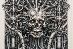 symmetrical and frontal portrait of a skull, front and semi-symmetrical, Focus on a human skull, A portrait of a skull, moebius style illustration, human skull as a trophy hanging on a wall, aesthetic, score_9, score_8_up, score_7_up, lPortrait, Only part of the skull, A biomechanical human skull in the style of H.R. Giger, skull attached to cyberpunk biomechanical machine, skull embedded in a biomechanical machine, suspended and welded to a biomechanical wall, characteristic of H.R. Giger, its shape is a hypnotic fusion of a biomechanical human skull of a human being in the style of H.R. giger, an ominously intricate machine, parts of the crane subtly morph into cold yet complex metallic contours, dark environment with fog, Human skull subtly attached and fused to the biomechanical environment, biomechanical pipes, water vapor and fog surround her, horror atmosphere, slimy slime drips from her body, alien style 1979

legendofnerd style, simple BREAK background, diagonal abstract structure on the background. add text as artist signature "Drauka"

color pencil, sketch, painting, paper texture, art_solyanka, SKP-highly detailed, SamYoung_Illustration