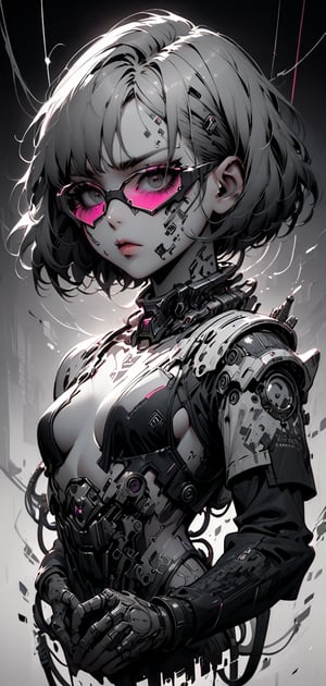 Ink art, Comic style art, Black and white portrait, Grayscale shadows, Outline drawing, Full body portrait, Focus on torso, Full body portrait, Young cyberpunk girl, Short bob hair, Serious look, Half-open eyes, Dark circles, Full lips, Two tone cyberpunk manga style, Grayscale, Girl wears a futuristic bikini, Shoulder pads, Futuristic gauntlet with a console and keyboard on the glove, Cables, Futuristic glasses, Belly button, Red gradient background,