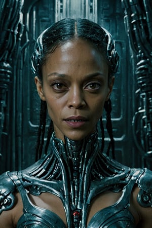 In a nightmarish biomechanical realm inspired by H.R. Giger, Zoe Saldana embodies a fearsome cyborg assassin. Sinister biomechanical structures envelop her as she gazes toward the viewer. Her face implants mirror the eerie, greenish light, imbuing an otherworldly aura. The detailed backdrop is a surreal cyberpunk weapon shop with an epic composition that conjures a feeling of dread, all in shades of red and blue.,Movie Still,FilmGirl
