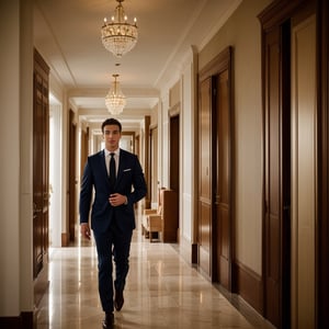 Photograph.  a very handsome young caucasian man, a stockbroker, walking down the corridor of a luxurious hotel. Capture the dynamic posture with a loosened tie, holding the suit jacket behind his back, indicating he's returning from a challenging day. Emphasize the details of his attire and the luxurious setting to evoke a sense of sophistication and professional dynamism. 8k uhd, dslr, high quality, Fujifilm XT3
