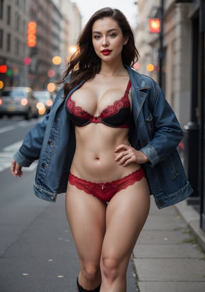 Nsfw, 1girl, red lipstick, low angle shot, Cohen, only black leather jacket, ((beautiful red lace bra)), no inner wear, denim panties,  black heels boots ,walking, ((huge droopy breast cleavage: 1.3)), (realistic:1.3), masterpiece, UHD:1.2, perfect female figure, sexy legs, perfect thighs,realistic face details, Real face skin texture, detailed face,real perfect limbs, real perfect anatomy, ,better_hands, details skin pores, Real skin, the real female body, perfect hands, perfect fingers, ((bokeh)), blurry_background, DSLR photo,  extremely beautiful background, beautiful cinema scene, different poses,More Detail, belly button, denim panties thongs below waist