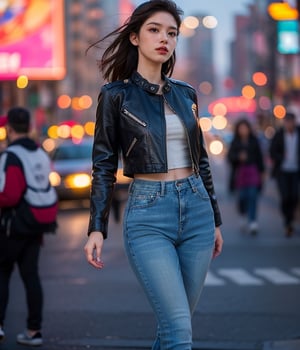 1girl, red lipstick, low angle shot, Cohen, tight blacl leather jacket, panties visible, tight skinny jeans black high heels boots ,walking, ( (huge natural bust: 1.2)), (realistic:1.3), masterpiece, UHD:1.2, perfect female figure, realistic face details, Real face skin texture, detailed face,real perfect limbs, real perfect anatomy, ,better_hands, details skin pores, Real skin, the real female body, perfect hands, perfect fingers, ((bokeh)), blurry_background, DSLR photo,  extremely beautiful background, beautiful cinema scene, different poses,European,More Detail