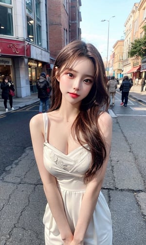 1girls, a russian 18 years girl, 8k, super bright scene, very bright backlighting, realistic light, {beautiful and detailed eyes}, full body shot, focus on face, in the street, brunette wavy hair, delicate facial features, real hands, Wedding Guest Women's casual fashion