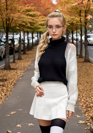(masterpiece, high quality:1.3), (medium shot:1.4), woman, long hair, (pale skin:1.1), (smirk:0.5), (white knit sweater:1.2), (black canvas skirt:1.3), (white thighhighs:1.1), glasses, eyeglasses, one hand on hip, hand on waist, (autumn, fall colors, leaves falling:1.25), (beautiful, gorgeous:1.2), (blonde, pale hair:1.3), (ponytail:1.3), (looking at viewer:1.4), detailed background, standing on the sidewalk, parked cars, (city skyscrapers:1.2), RAW photo, subject, 8k uhd, dslr, soft lighting, high quality, film grain, Fujifilm XT3, (bokeh:1.2)