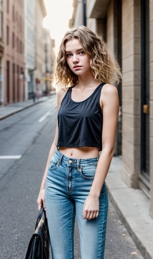 1girl, 18 years old girl, 8k, super bright scene, very bright backlighting, realistic light, {beautiful and detailed eyes}, full body shot, focus on face, in the street, brunette wavy hair, wearing black tank top and denim pants, delicate facial features, real hands