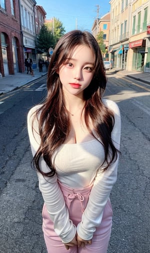 1girls, a russian 18 years girl, 8k, super bright scene, very bright backlighting, realistic light, {beautiful and detailed eyes}, full body shot, focus on face, in the street, brunette wavy hair, delicate facial features, real hands