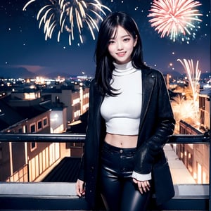 Fractal art that is mesmerizing and visually stunning. Official art, masterpiece. 4K high resolution rendering. One Japanese female, 17 years old, 5 feet tall. Straight, medium bob black hair, bangs, dark brown eyes, short eyelashes. Smiling face. Small breasts, nice legs. Building rooftop, iron fence, night, night view, starry sky, fireworks. Long warm wool coat, white turtleneck sweater, leather pants. Cowboy shot.,1 girl,Ava,ava,JeeSoo 