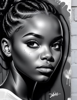 Create a stunning black and white graffiti artwork on a wall, portraying a 15-year-old girl from South Africa with dark skin and short, tightly curled hair, with a close-up of her face. Intricately capture details using the black and white graffiti style on the wall. Draw inspiration from the wall art of Faith47, the graffiti works of DALeast, and the wall graffiti technique of Karabo Poppy. Craft a superior graffiti artwork that seamlessly blends these influences into an outstanding portrayal.

,modelshoot style