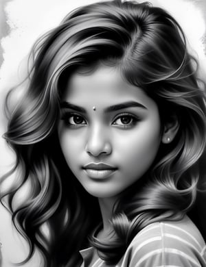 Create a compelling wall graffiti artwork portraying a 15-year-old girl from Pakistan using graphite. Pay meticulous attention to detail, capturing the caramel-toned skin and the combination of wavy and straight hair. The composition should be a close-up of her face, emphasizing the unique texture of her hair and the delicate features of her complexion. Use the graphite medium to convey the subtleties of her expression, ensuring a lifelike and expressive representation.

