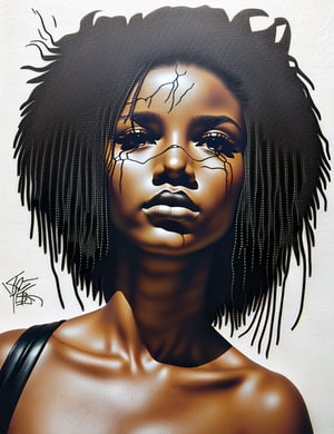 Create a stunning black and white graffiti artwork on a wall, portraying a 15-year-old girl from South Africa with dark skin and short, tightly curled hair, with a close-up of her face. Intricately capture details using the black and white graffiti style on the wall. Draw inspiration from the wall art of Faith47, the graffiti works of DALeast, and the wall graffiti technique of Karabo Poppy. Craft a superior graffiti artwork that seamlessly blends these influences into an outstanding portrayal.

,modelshoot style