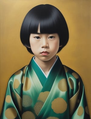 Create a captivating oil painting on canvas, portraying a 12-year-old Japanese boy with fair skin, straight and freely flowing hair, with a close-up of his face. Intricately capture details using the oil medium on canvas. Draw inspiration from the oil portraits of Yoshitomo Nara, the oil paintings of Tetsuya Ishida, and the oil on canvas technique of Yayoi Kusama. Craft a superior oil painting that seamlessly blends these influences into an outstanding portrayal.


