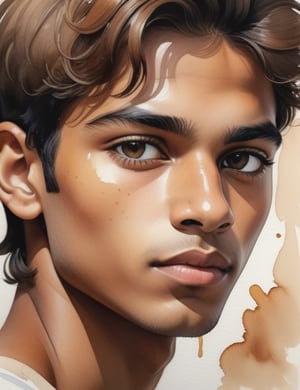 Create a captivating watercolor artwork with a brush, featuring a 15-year-old Egyptian boy. Pay meticulous attention to detail, portraying his caramel-toned skin and straight, neatly separated brown hair. The composition should be a close-up of his face, highlighting the unique texture of his hair and the delicate features of his complexion. Use the watercolor medium to convey the subtleties of his expression, ensuring a lifelike and expressive representation.

