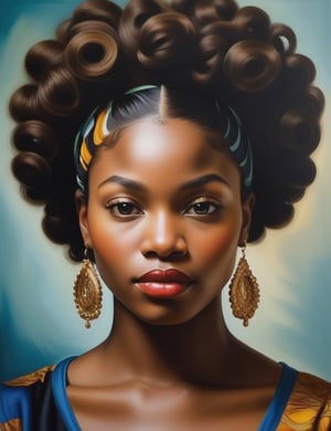 Create a stunning oil painting on canvas, portraying a 30-year-old African woman with dark skin and straight hair that is slightly wavy, with loose curls. Focus on a close-up of her face and intricately capture details using the oil medium on canvas. Draw inspiration from the oil portraits of Kehinde Wiley, the oil paintings of Amy Sherald, and the oil on canvas technique of Rembrandt. Craft a superior oil painting that seamlessly blends these influences into an outstanding portrayal.

