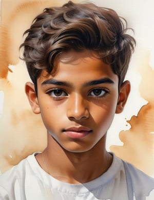 Create a captivating watercolor artwork with a brush, featuring a 15-year-old Egyptian boy. Pay meticulous attention to detail, portraying his caramel-toned skin and straight, neatly separated brown hair. The composition should be a close-up of his face, highlighting the unique texture of his hair and the delicate features of his complexion. Use the watercolor medium to convey the subtleties of his expression, ensuring a lifelike and expressive representation.

