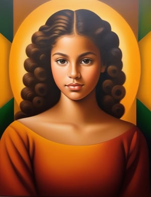 Create a captivating oil painting on canvas, portraying a 14-year-old Brazilian girl with caramel skin and tightly curled hair, with a close-up of her face. Intricately capture details using the oil medium on canvas. Draw inspiration from the oil portraits of Tarsila do Amaral, the oil paintings of Candido Portinari, and the oil on canvas technique of Di Cavalcanti. Craft a superior oil painting that seamlessly blends these influences into an outstanding portrayal.

