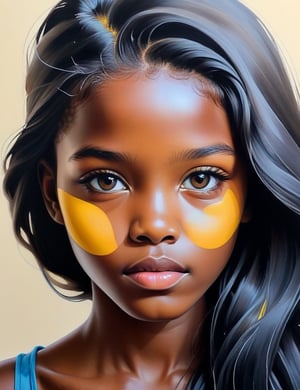 Create a captivating gouache painting on canvas with a brush, portraying a 10-year-old Namibian girl whose skin still radiates youthfulness. She has fair skin, long straight black hair, and a close-up of her face. Intricately capture details using the gouache medium on canvas. Draw inspiration from the gouache paintings of Clare Celeste Börsch, the gouache portraits of Minjae Lee, and the canvas gouache technique of Jodi Maas. Craft a superior gouache artwork that seamlessly blends these influences into an outstanding portrayal.

