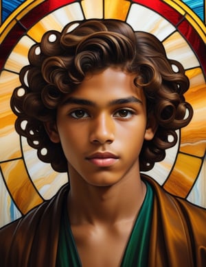 Create a captivating stained glass window artwork featuring a 16-year-old boy from Algeria. Pay meticulous attention to detail, capturing the caramel-toned skin and tightly curled, coiled hair. The composition should be a close-up of his face, highlighting the unique features of his complexion and the distinct curls of his hair. Use the stained glass medium to convey the subtleties of his expression, ensuring a lifelike and expressive representation.

