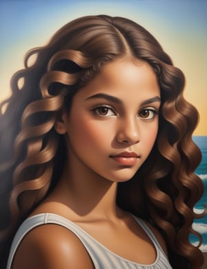 Create a captivating oil painting on canvas, portraying a 14-year-old Brazilian girl with caramel skin and tightly curled hair, with a close-up of her face. Intricately capture details using the oil medium on canvas. Draw inspiration from the oil portraits of Tarsila do Amaral, the oil paintings of Candido Portinari, and the oil on canvas technique of Di Cavalcanti. Craft a superior oil painting that seamlessly blends these influences into an outstanding portrayal.

