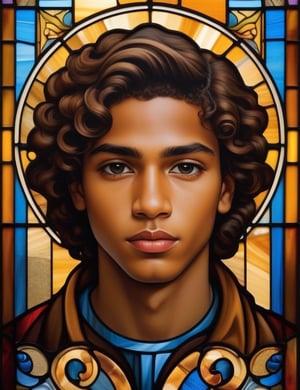 Create a captivating stained glass window artwork featuring a 16-year-old boy from Algeria. Pay meticulous attention to detail, capturing the caramel-toned skin and tightly curled, coiled hair. The composition should be a close-up of his face, highlighting the unique features of his complexion and the distinct curls of his hair. Use the stained glass medium to convey the subtleties of his expression, ensuring a lifelike and expressive representation.

