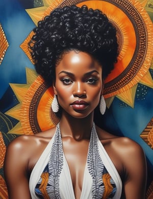 "Craft a stunning 4K watercolor painting depicting the grace of an African woman. Concentrate on intricate details, showcasing her deep black, short, curly hair, and a luminous white dress. The composition should offer a frontal, close-up view of her face. Aim for extreme details reminiscent of artists like Kehinde Wiley, Mary Whyte, and Wangechi Mutu."

