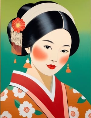 Create a mesmerizing gouache painting on canvas with a brush, portraying a 50-year-old Japanese woman whose skin still exudes youthfulness. She has fair skin, long straight blonde hair, and a close-up of her face. Intricately capture details using the gouache medium on canvas. Draw inspiration from the gouache paintings of Yoshitomo Nara, the gouache portraits of Komako Sakai, and the canvas gouache technique of Pauline Bewick. Craft a superior gouache artwork that seamlessly blends these influences into an outstanding portrayal.

