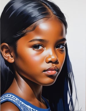 Create a captivating gouache painting on canvas with a brush, portraying a 10-year-old Namibian girl whose skin still radiates youthfulness. She has fair skin, long straight black hair, and a close-up of her face. Intricately capture details using the gouache medium on canvas. Draw inspiration from the gouache paintings of Clare Celeste Börsch, the gouache portraits of Minjae Lee, and the canvas gouache technique of Jodi Maas. Craft a superior gouache artwork that seamlessly blends these influences into an outstanding portrayal.


