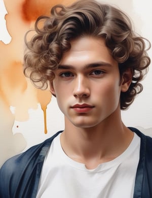 Create a mesmerizing watercolor artwork with a brush, featuring a 25-year-old Russian man. Pay meticulous attention to detail, portraying his fair skin tone and tightly curled, coiled hair. The composition should be a close-up of his face, highlighting the unique texture of his curls and the delicate features of his complexion. Use the watercolor medium to convey the subtleties of his expression, ensuring a lifelike and expressive representation.


